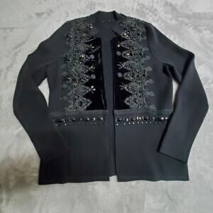 Chicos Cardigan Womens M 8 Black Velvet Applique Beaded Sweater Holiday Party